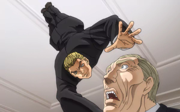 A dynamic HD desktop wallpaper featuring Baki Hanma, showcasing an intense moment with a character executing a powerful move while another looks on in shock.