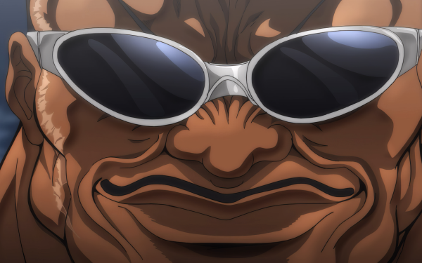 HD wallpaper featuring a close-up illustration of Biscuit Oliva with sunglasses from the anime Baki Hanma, perfect for desktop backgrounds.