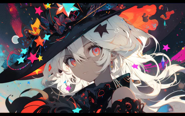 Anime girl with striking red eyes and flowing white hair, wearing a star-adorned witch hat against a vibrant, colorful background. 8K Ultra HD PC desktop wallpaper.