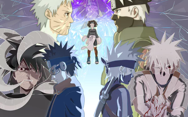 4K Ultra HD Naruto anime wallpaper featuring Obito Uchiha, Kakashi Hatake, and Rin Nohara with dramatic backgrounds and emotional expressions.