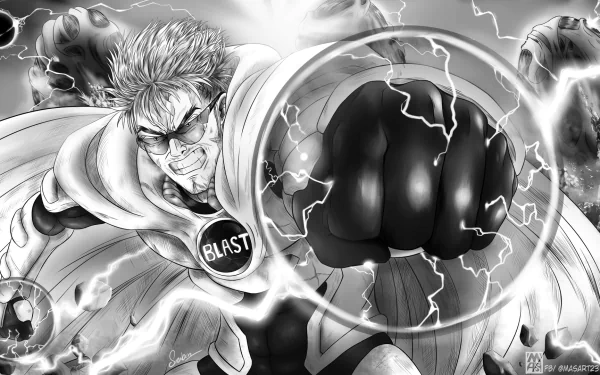 HD desktop wallpaper from One-Punch Man featuring the character Blast, portrayed in dynamic manga style with intense energy effects.
