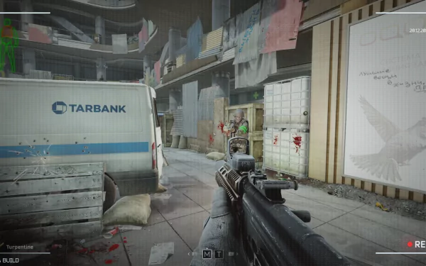 HD desktop wallpaper featuring a first-person view from Escape from Tarkov: Arena with a detailed scene showing a player character holding a firearm amidst a chaotic environment.