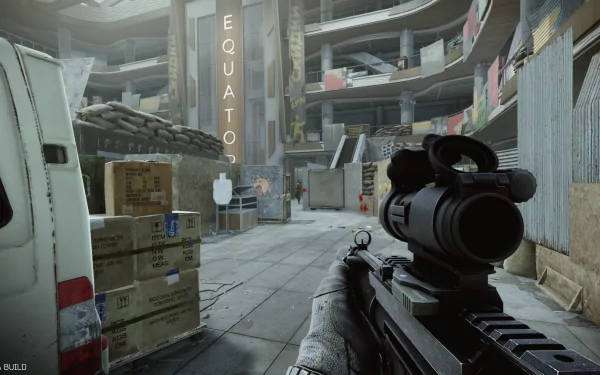 HD desktop wallpaper featuring a first-person view from the game Escape from Tarkov: Arena, showcasing detailed indoor combat environment with visible rifle scope.