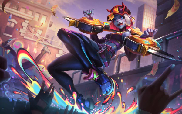 Briar from League of Legends in dynamic action pose, bursting with vibrant colors in a 4K Ultra HD video game wallpaper background.
