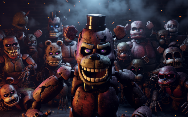HD desktop wallpaper featuring characters from Five Nights at Freddy's game with a spotlight on Freddy Fazbear surrounded by other animatronics.