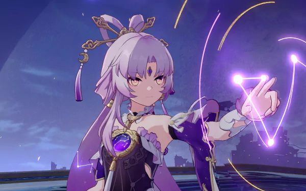 Fu Xuan from Honkai: Star Rail featured in an HD desktop wallpaper with mystical purple hues and glowing sigils in the background.