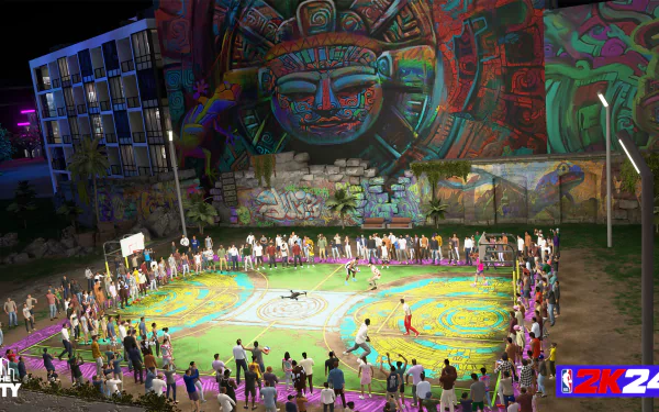 HD desktop wallpaper featuring a vibrant NBA 2K24 basketball court scene with lively crowd and colorful graffiti art murals.