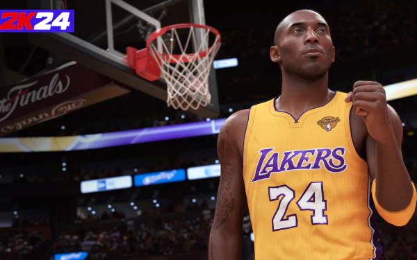 High-definition desktop wallpaper for NBA 2K24 featuring a basketball player in a Lakers #24 jersey with the finals arena in the background.
