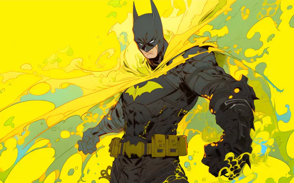 HD desktop wallpaper featuring Batman in a dynamic comic style, with vibrant yellow splashes in the background.