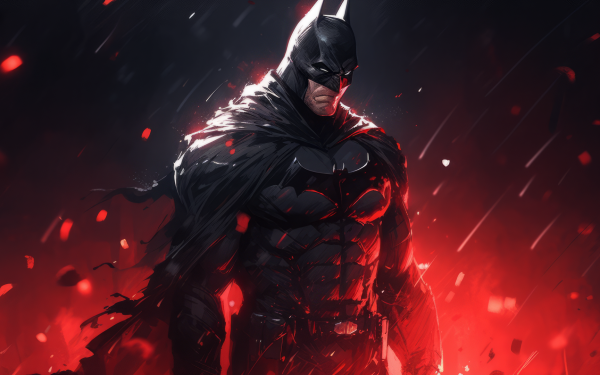 HD Batman desktop wallpaper featuring the iconic superhero in a dynamic pose with a dramatic red and black background, perfect for a computer or phone background.