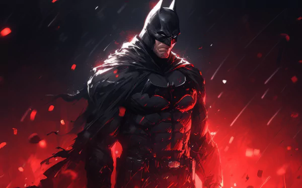 HD desktop wallpaper featuring Batman in a dramatic red and black stormy backdrop.