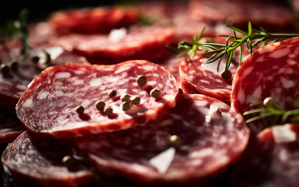 A close-up of sliced salami, garnished with herbs and spices, creating an inviting and appetizing scene. This high-definition image makes a striking desktop wallpaper.