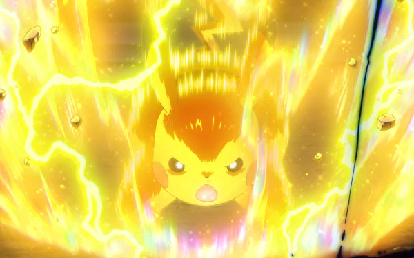 Pikachu unleashing an electric attack in a high-definition wallpaper from Pokémon Ultimate Journeys: The Series.