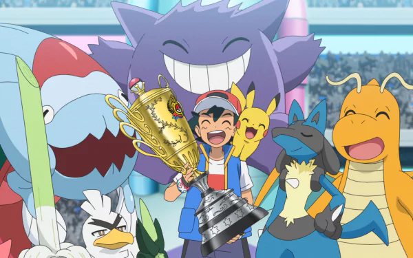 HD desktop wallpaper of Pokémon Ultimate Journeys: The Series featuring Gengar, Dragonite, Lucario, and a trainer triumphantly holding a trophy with a cheering crowd in the background.