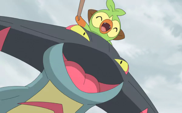 HD Wallpaper of Grookey from Pokémon Ultimate Journeys: The Series, cheerfully perched on the shoulder of another Pokémon.