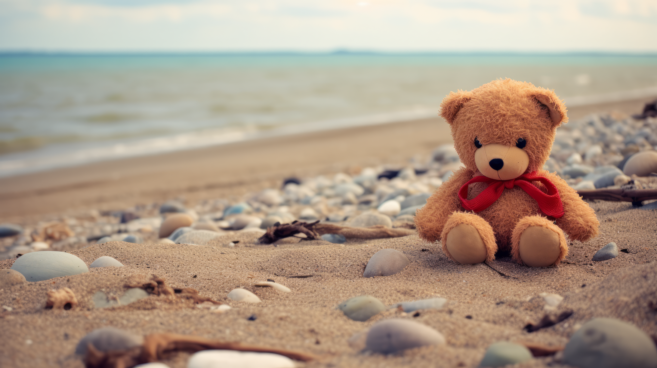 HD desktop wallpaper featuring a lonely teddy bear with a red bow sitting on a sandy beach surrounded by pebbles, with waves in the background.