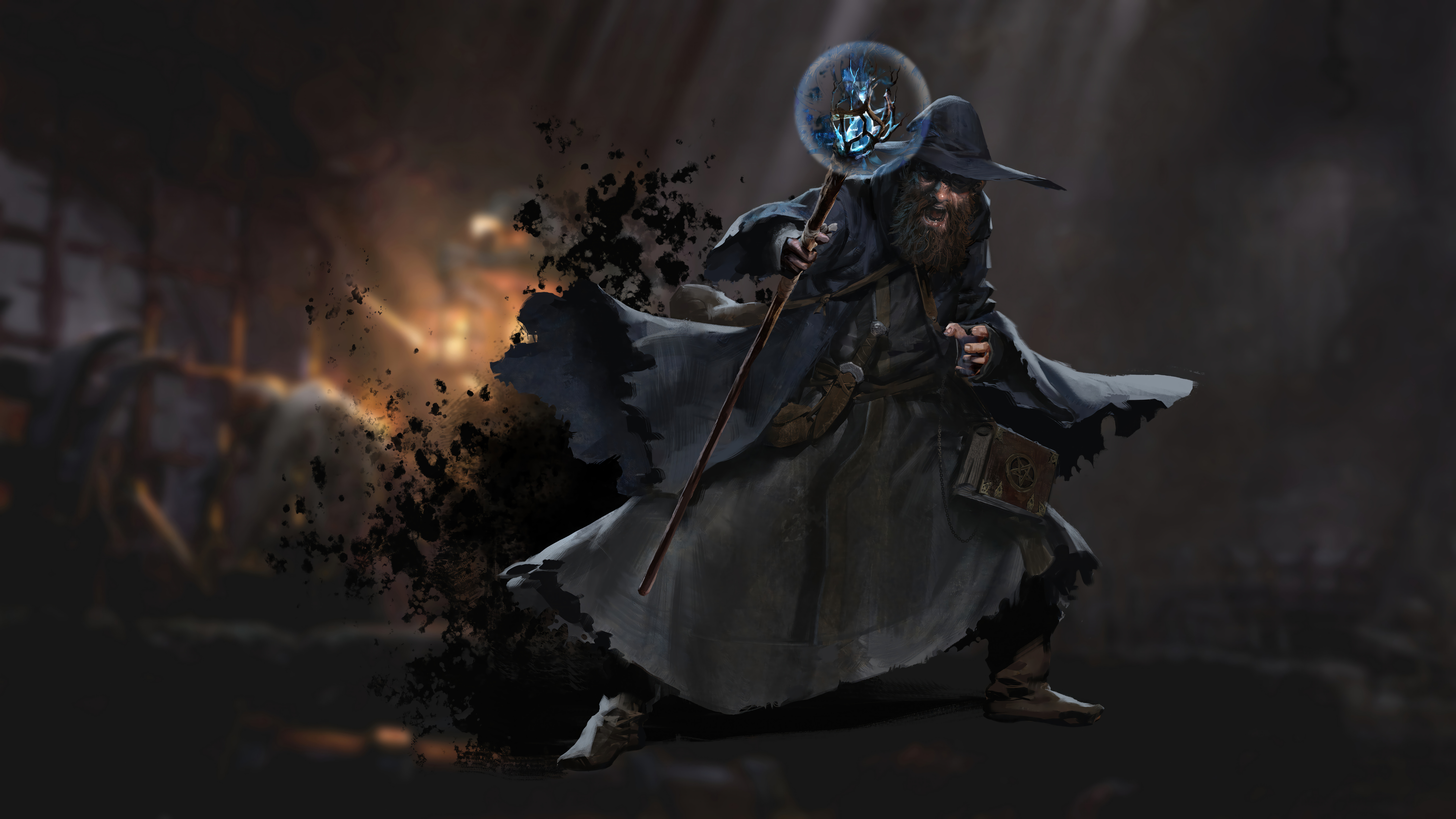 HD desktop wallpaper depicting a wizard from Dark and Darker, wielding magic, set against a shadowy, fiery battle backdrop.