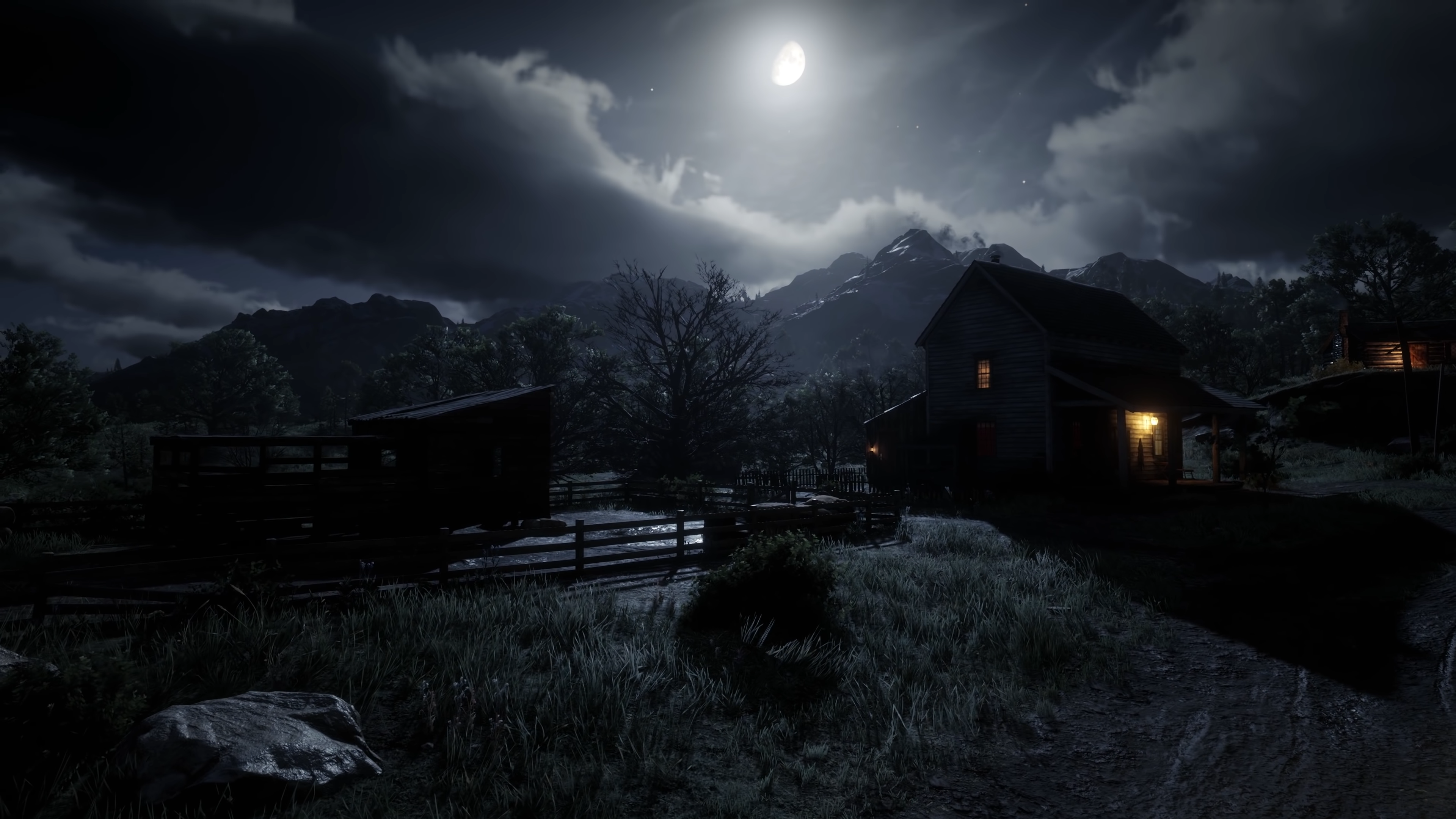 Stunning night scene with a bright moon from the video game Red Dead Redemption 2, perfect as an HD desktop wallpaper.