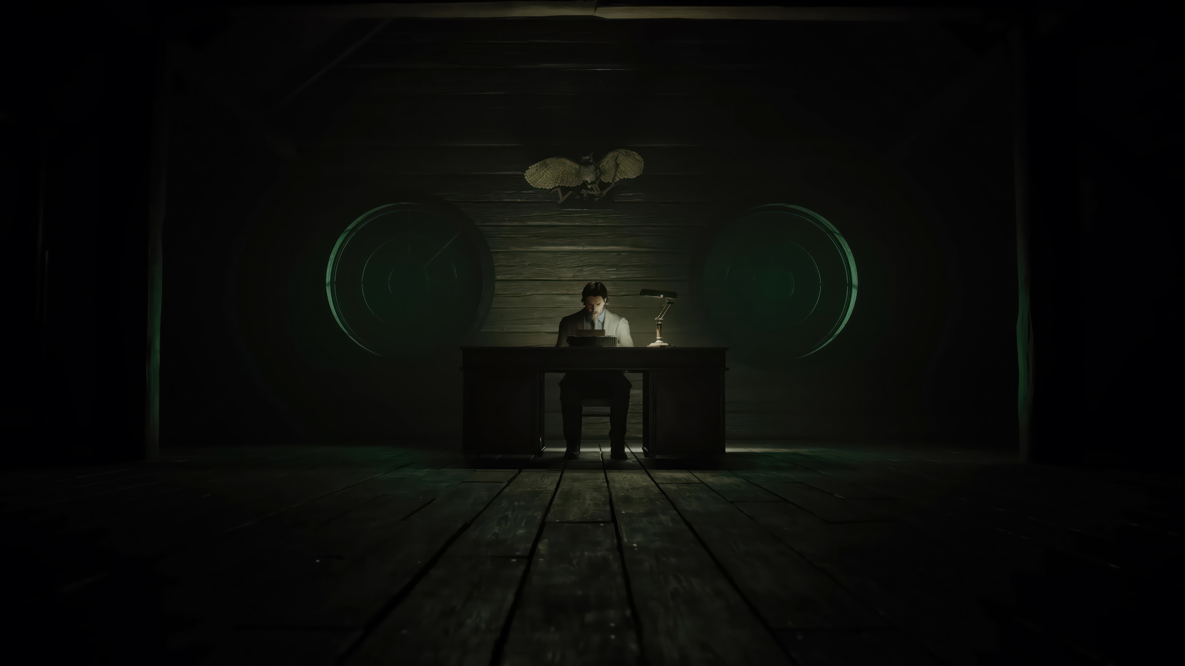 Dark atmospheric Alan Wake 2 HD wallpaper featuring mysterious figure at desk with green lighting accents