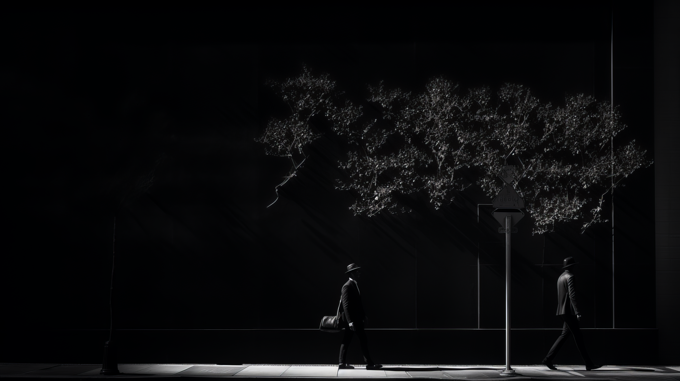HD wallpaper featuring a monochrome city scene with silhouettes of two people walking and a tree, creating a black aesthetic.