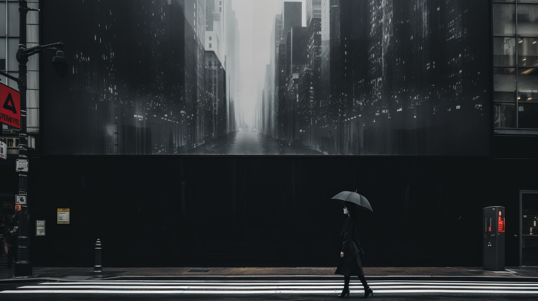Black and white aesthetic HD wallpaper featuring a solitary figure with an umbrella walking across a city street with towering skyscrapers shrouded in mist.