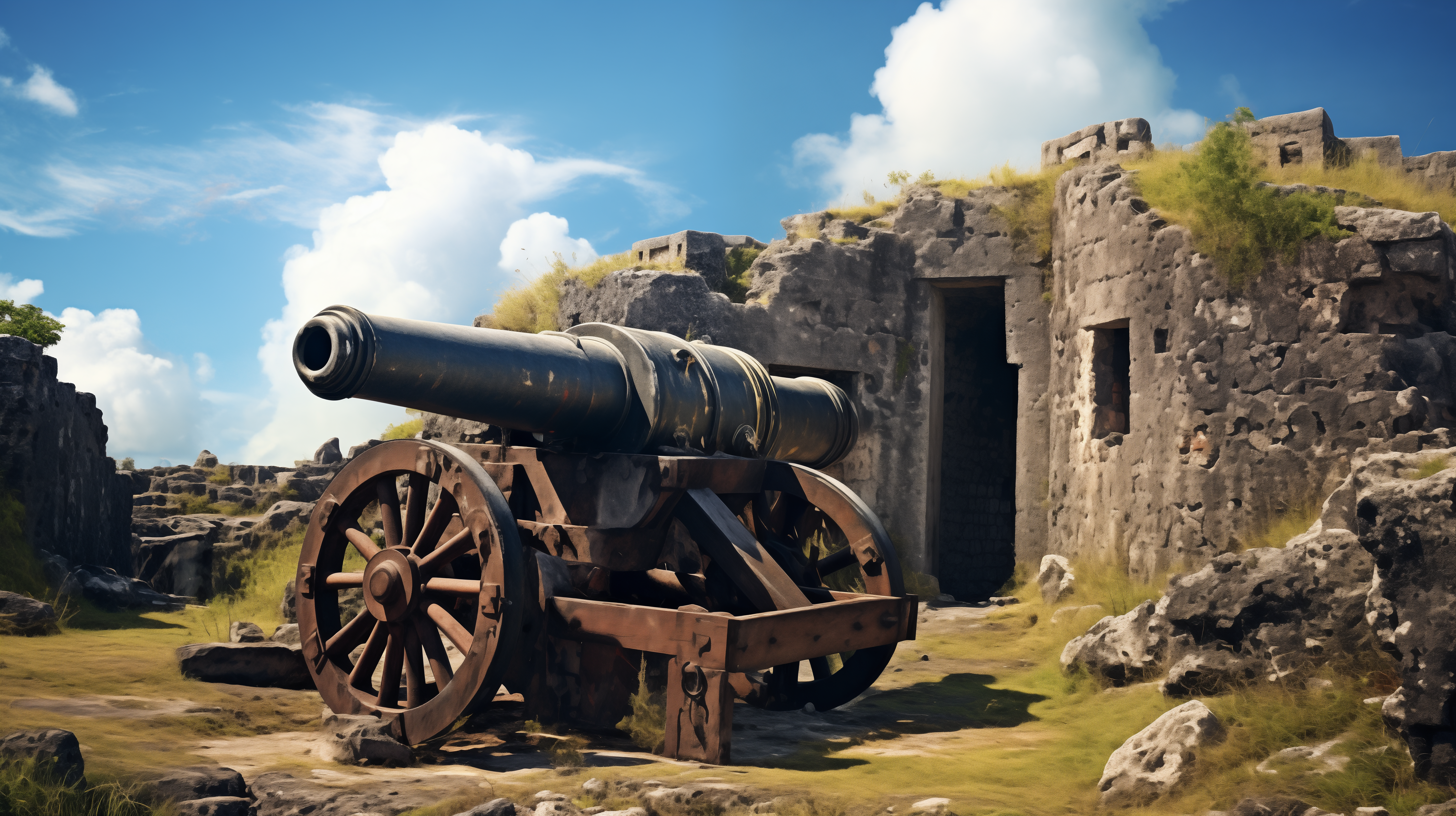 HD desktop wallpaper featuring an ancient cannon on wooden wheels in front of historic stone fortress ruins under a clear blue sky.