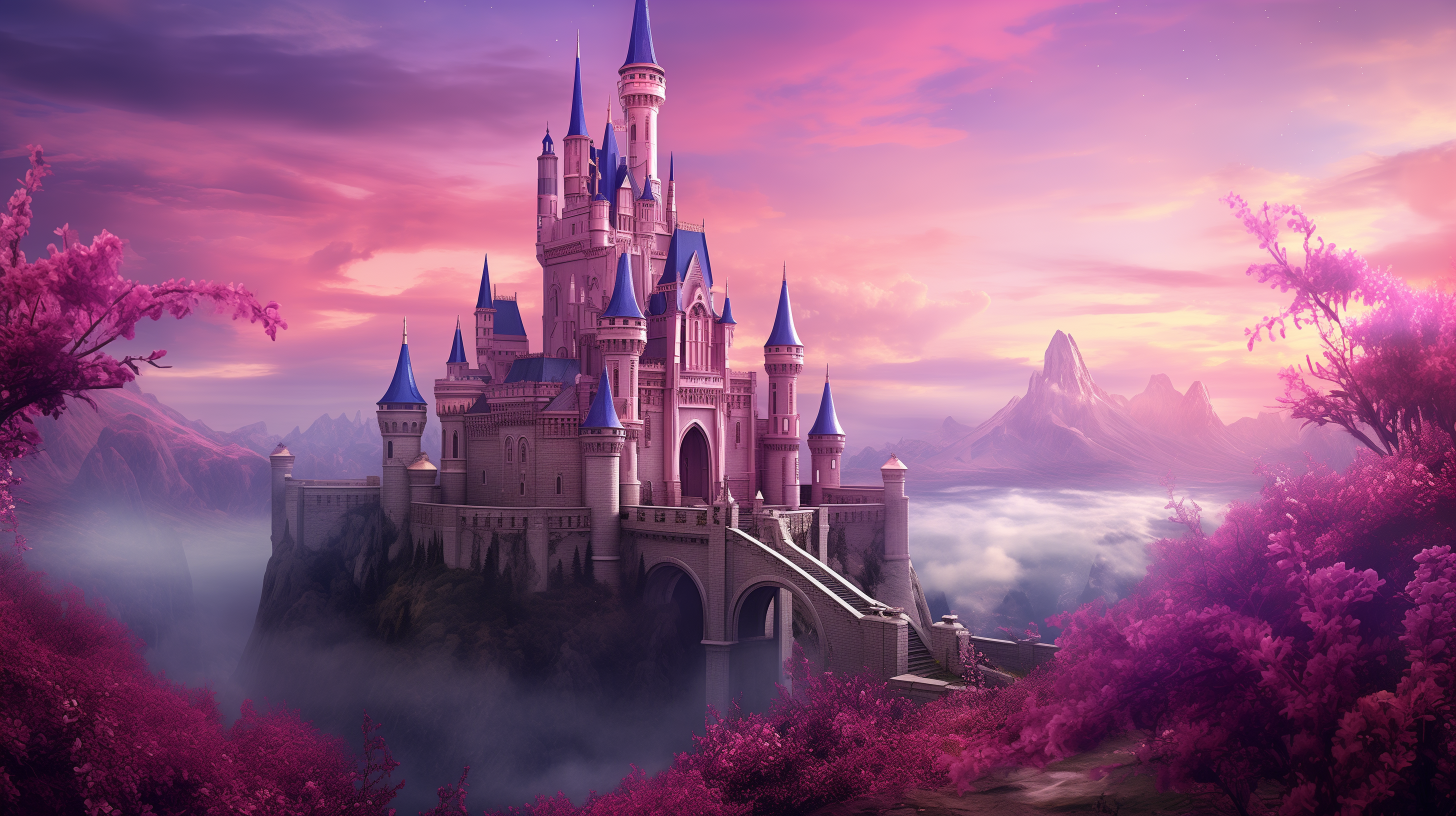 Enchanted fairy tale castle amidst a mystical pink forest with fog, available as an HD desktop wallpaper.