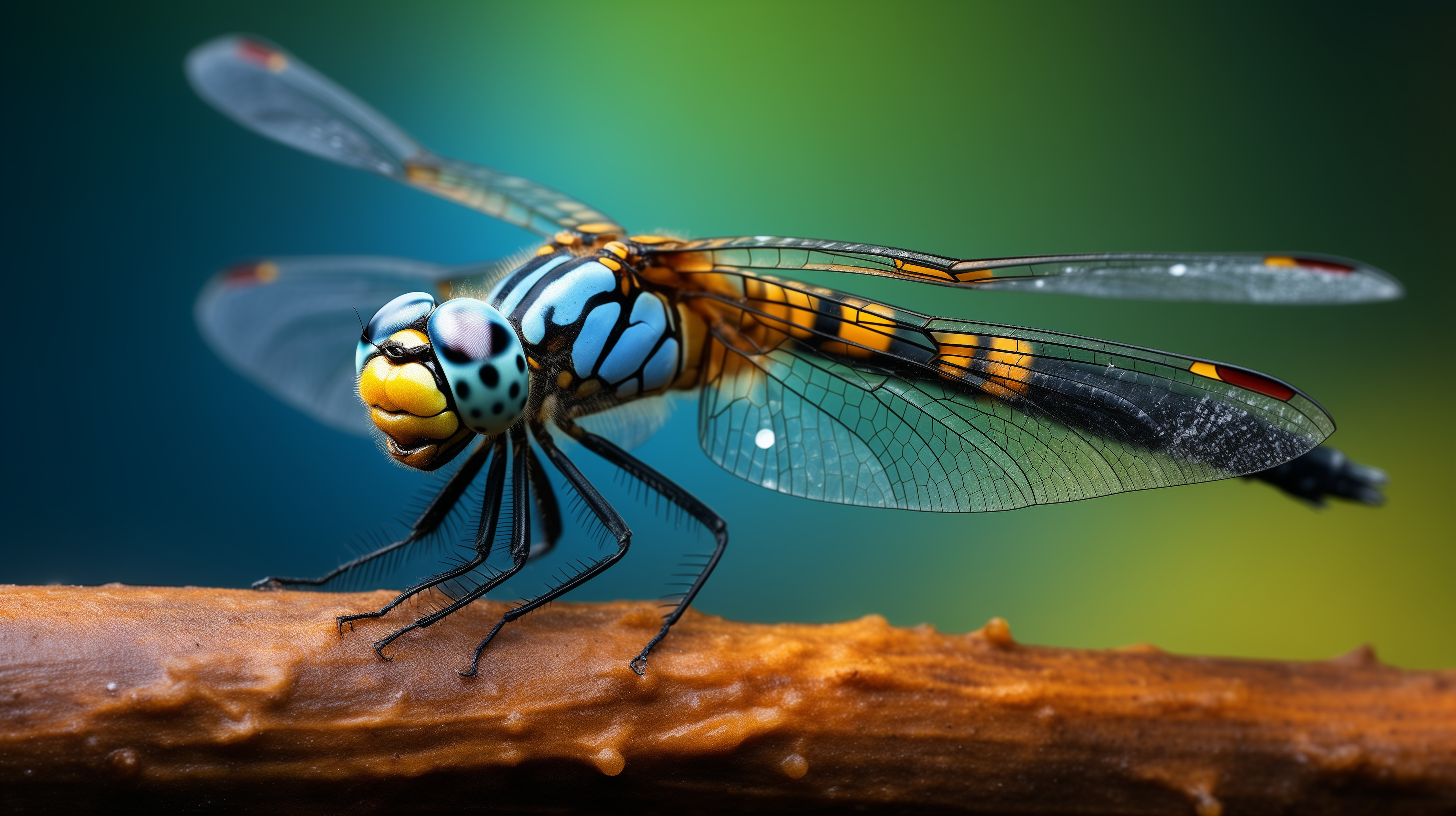 Close-up of a colorful dragonfly perched on a twig against a blurred green background, HD insect desktop wallpaper.