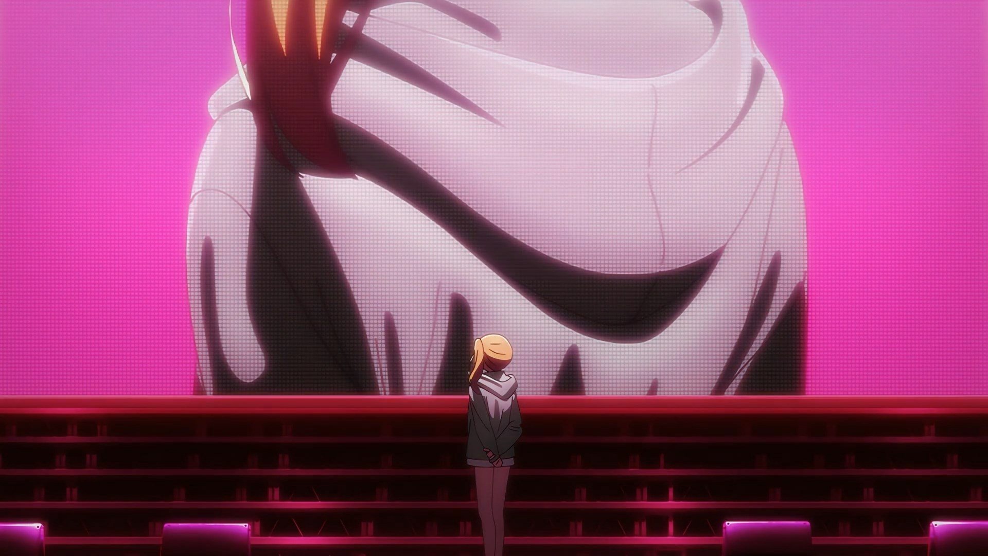 HD PC desktop wallpaper of an anime scene from Oshi no Ko featuring a character standing before a large screen with a pink background.