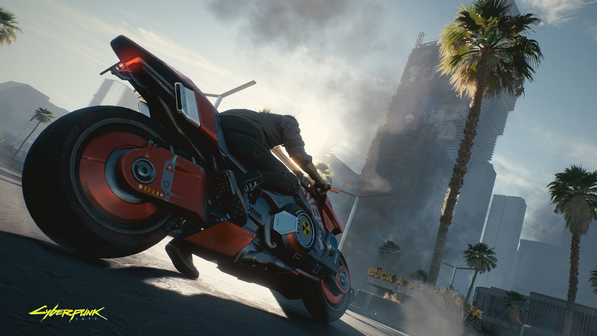 HD PC desktop wallpaper featuring a dynamic scene from the video game Cyberpunk 2077, showing a character on a futuristic motorcycle in a cityscape with palm trees.