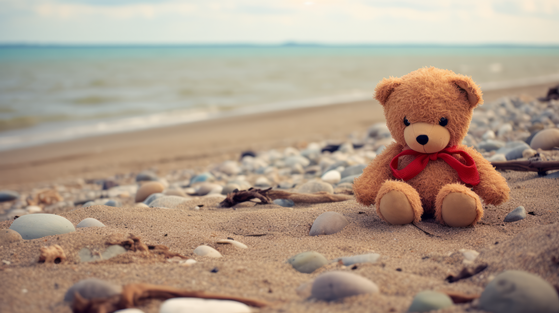 HD desktop wallpaper featuring a lonely teddy bear with a red bow sitting on a sandy beach surrounded by pebbles, with waves in the background.