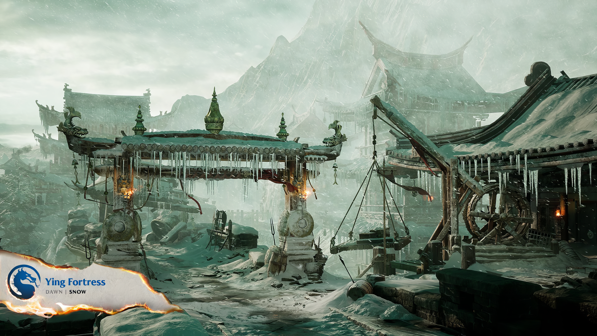 HD wallpaper of a mystical fortress from Mortal Kombat, featuring a snowy landscape with Asian-inspired architecture.