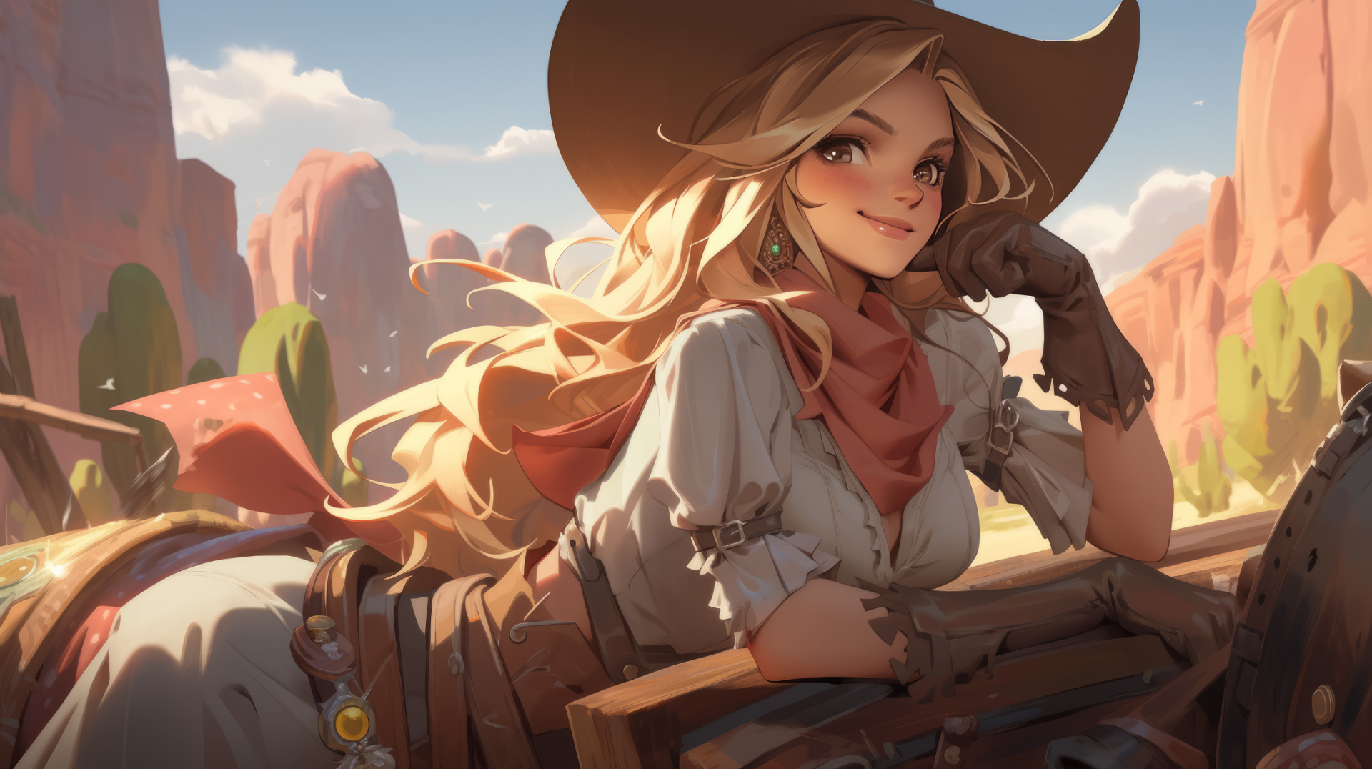 An artistic depiction of a cowgirl with long, flowing hair and a cowboy hat, set against a vibrant desert landscape, creating a captivating HD desktop wallpaper.