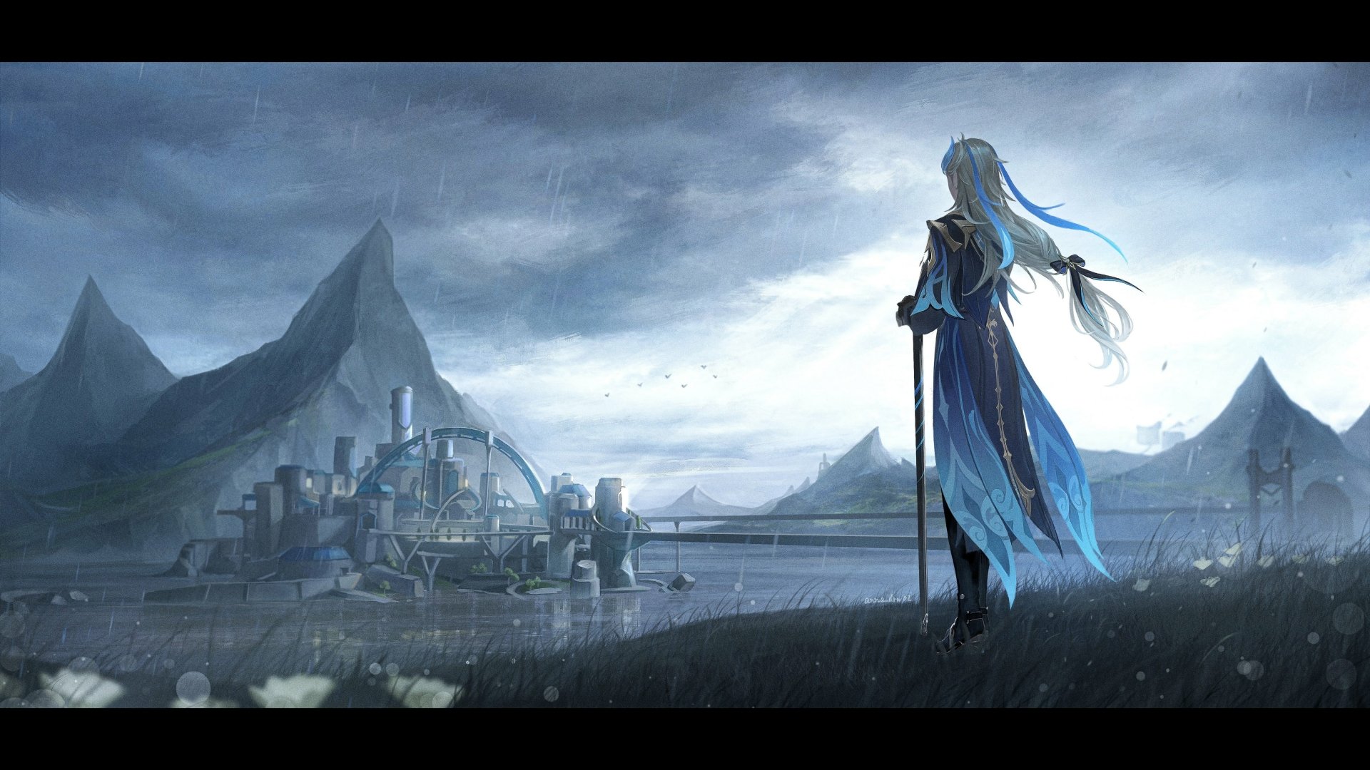 Neuvillette from Genshin Impact stands on a hill overlooking a futuristic city under a cloudy sky in this 4K Ultra HD PC desktop wallpaper.