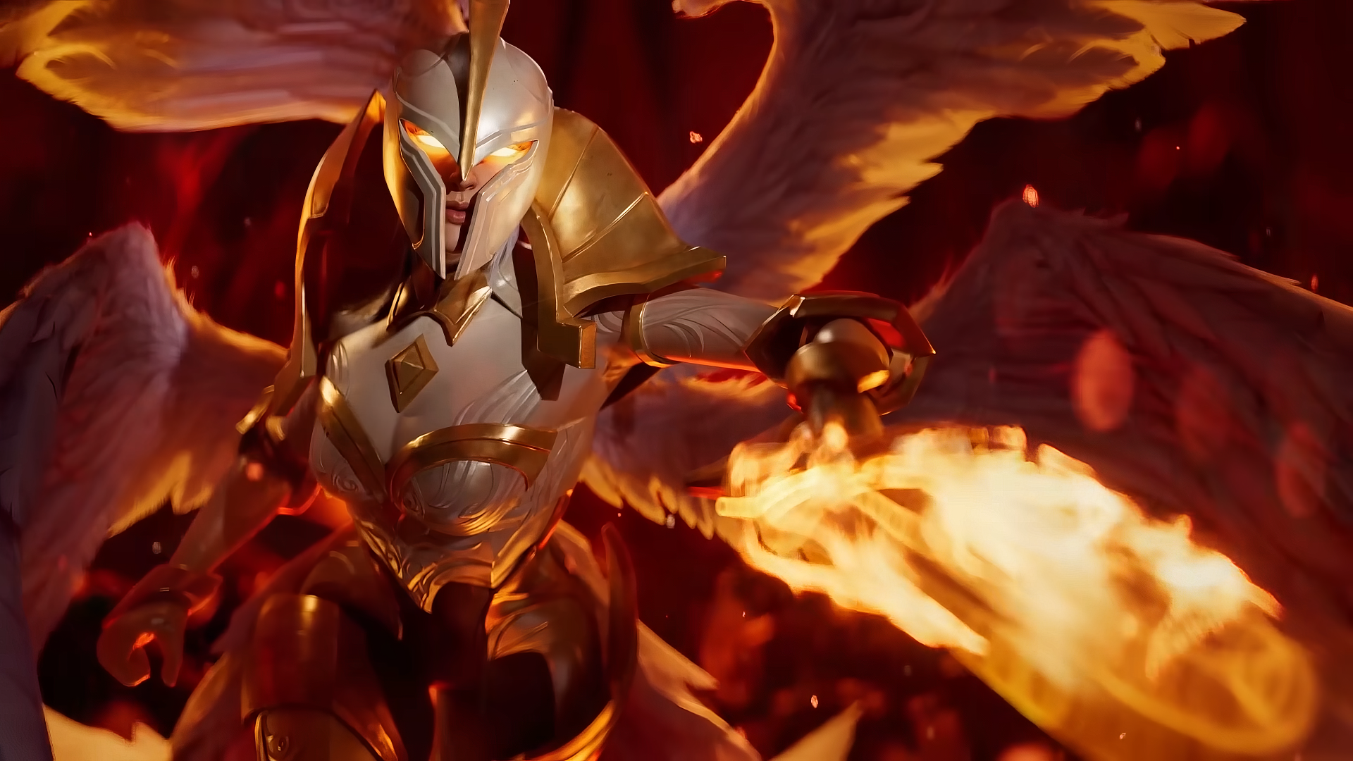 HD desktop wallpaper of Kayle from League of Legends, showcasing the character in dynamic battle stance with fiery wings spread.