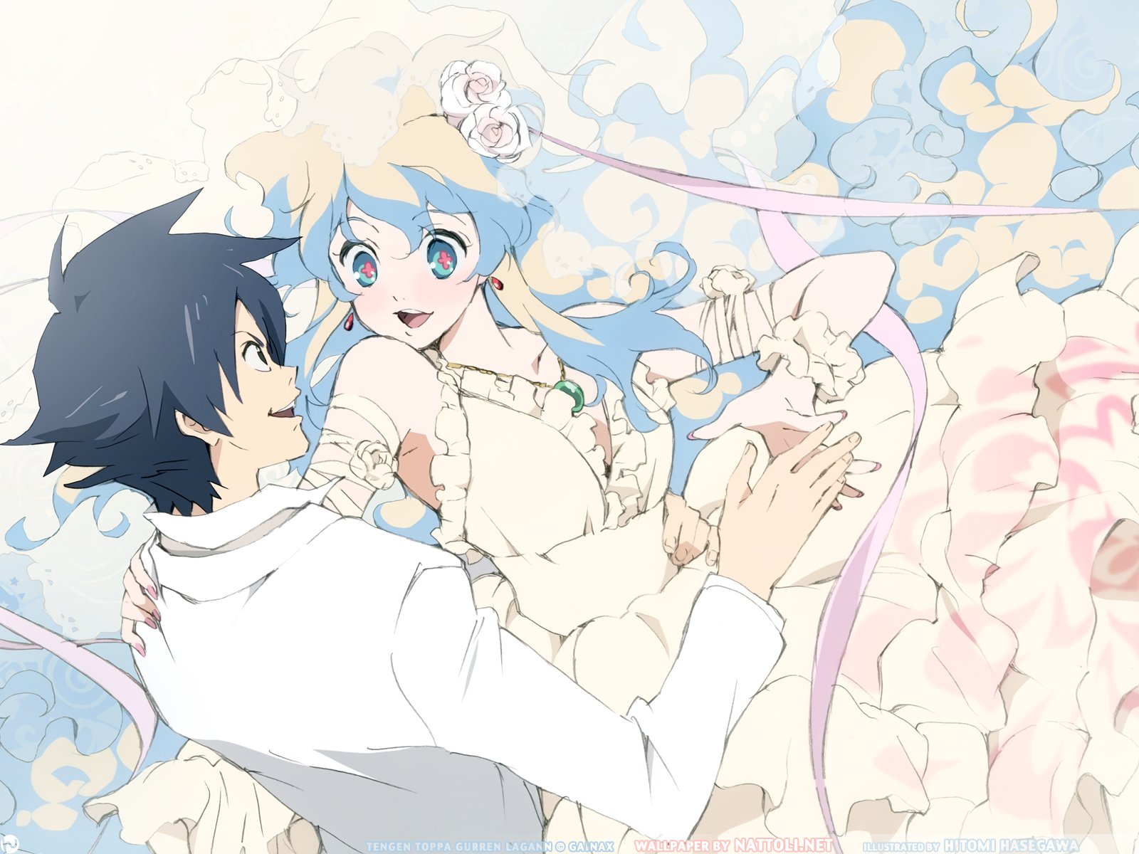 HD PC desktop wallpaper featuring anime characters from Tengen Toppa Gurren Lagann in a soft, pastel-colored scene with floral and cloud motifs.