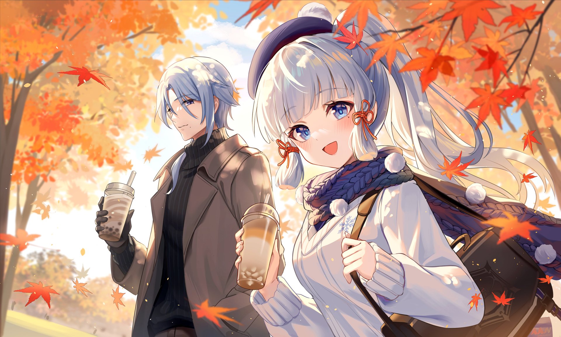 A 4K Ultra HD Genshin Impact wallpaper featuring Kamisato Ayaka and Kamisato Ayato enjoying drinks amidst vibrant autumn leaves.