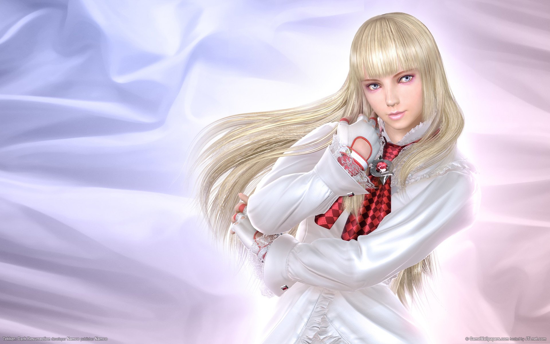 HD PC desktop wallpaper featuring Lili Rochefort from the video game Tekken 5: Dark Resurrection, showcasing her with flowing blonde hair and a white outfit.