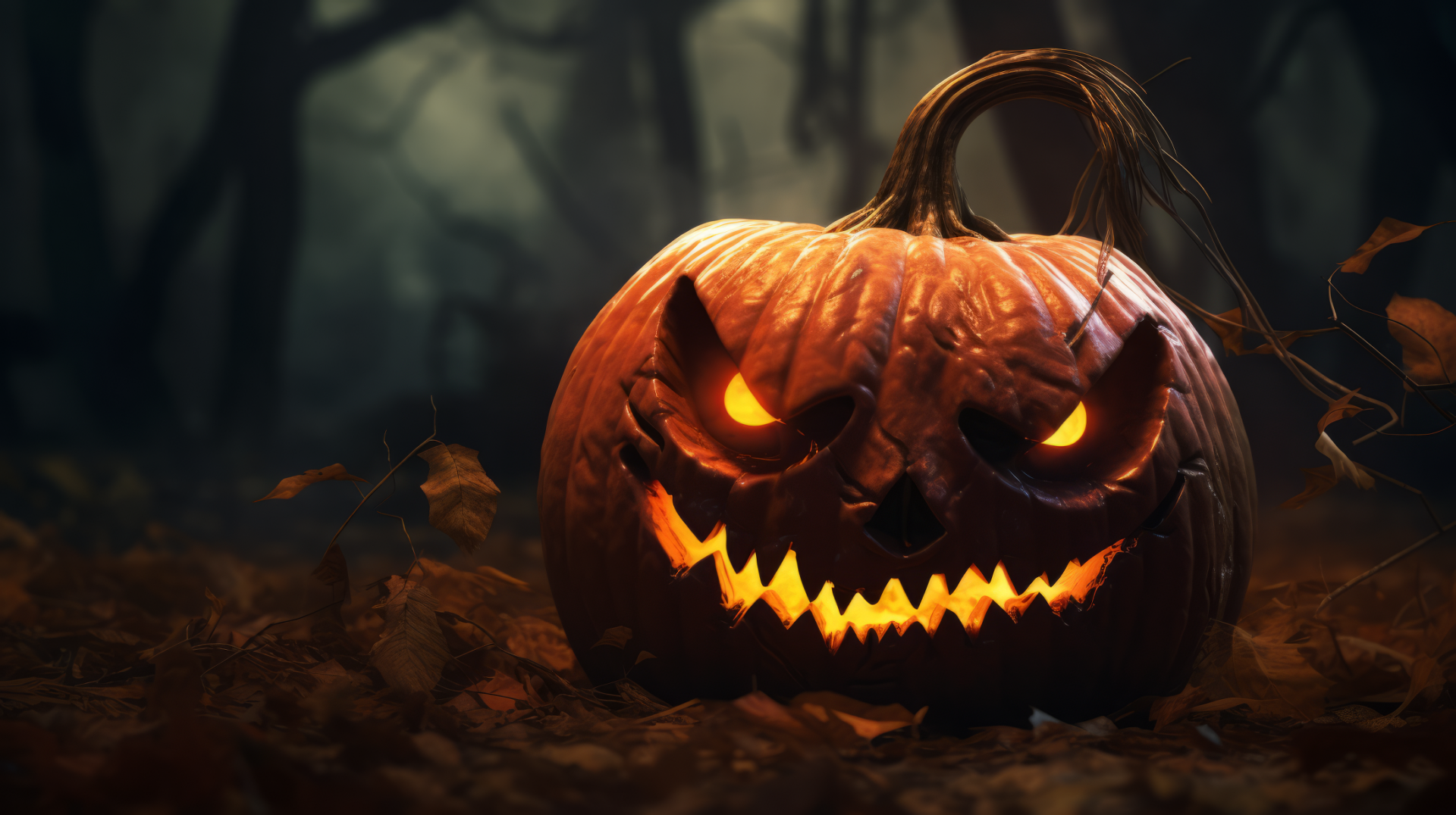 A sinister glowing pumpkin head sits among fallen leaves, embodying the Halloween spirit in a dark, eerie forest background. This HD wallpaper captures the essence of the holiday.
