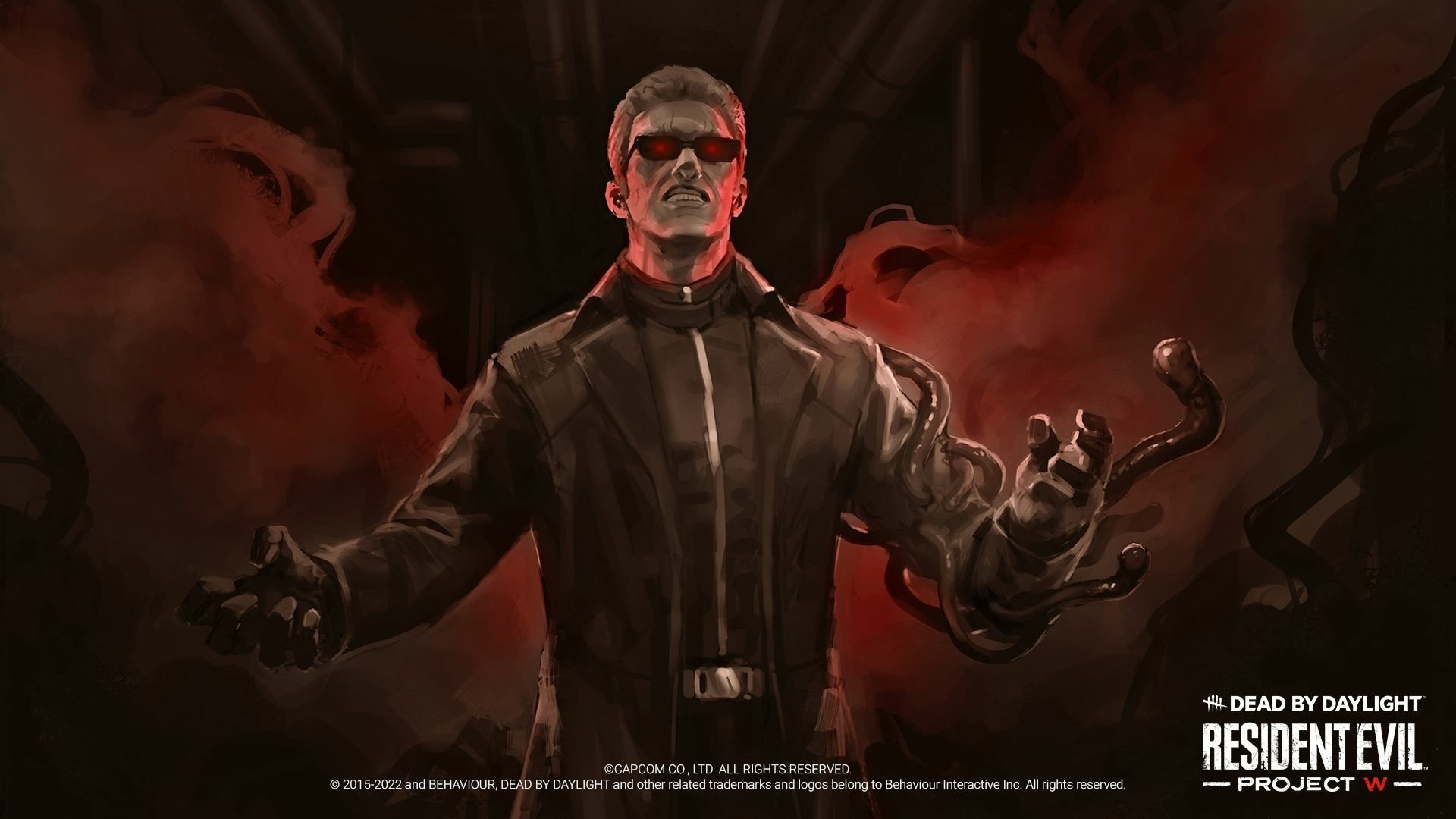 HD desktop wallpaper from the video game Dead By Daylight, featuring a character in a menacing pose with a red, smoky background.