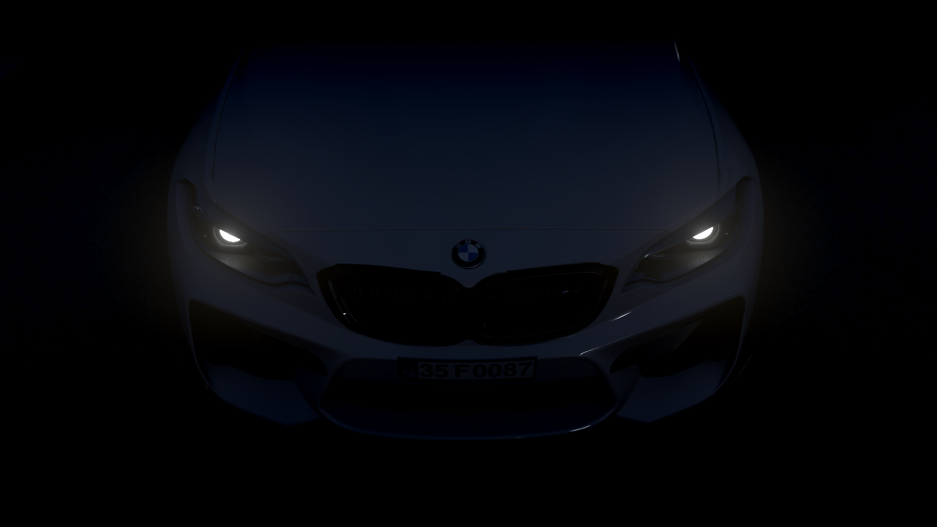 HD PC desktop wallpaper featuring a BMW M2 CS coupe from the video game Forza Horizon 4, showcasing the car's front with illuminated headlights in a dark setting.