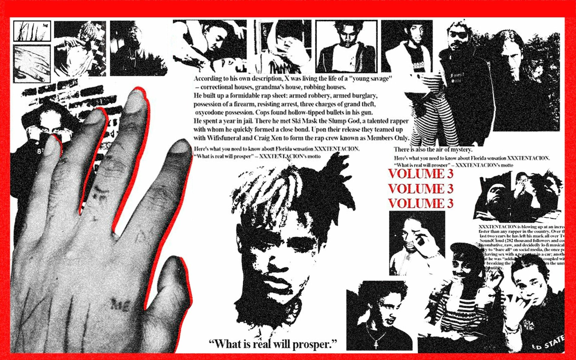 HD PC desktop wallpaper featuring XXXTentacion with his portrait, hand tattoo, and stylized text elements highlighting themes from his music and life.