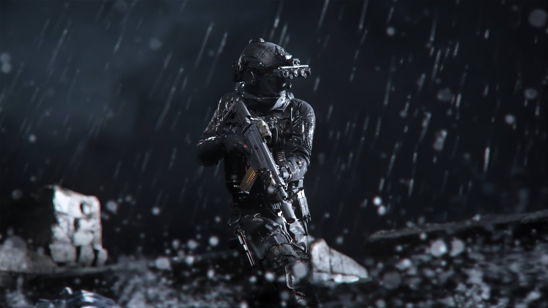 A dark, atmospheric HD wallpaper featuring a soldier in tactical gear from Call of Duty: Modern Warfare III (2023), poised with a weapon amidst falling rain and debris.