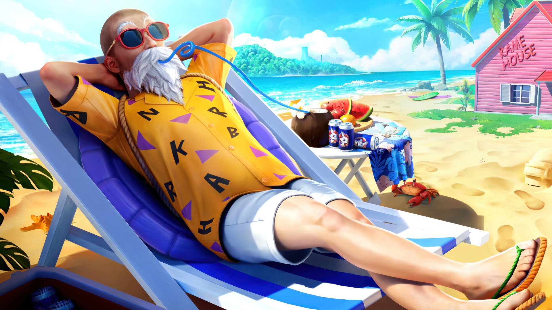 HD wallpaper featuring Master Roshi from Dragon Ball, relaxing on a beach chair in a crossover with Playerunknown's Battlegrounds.