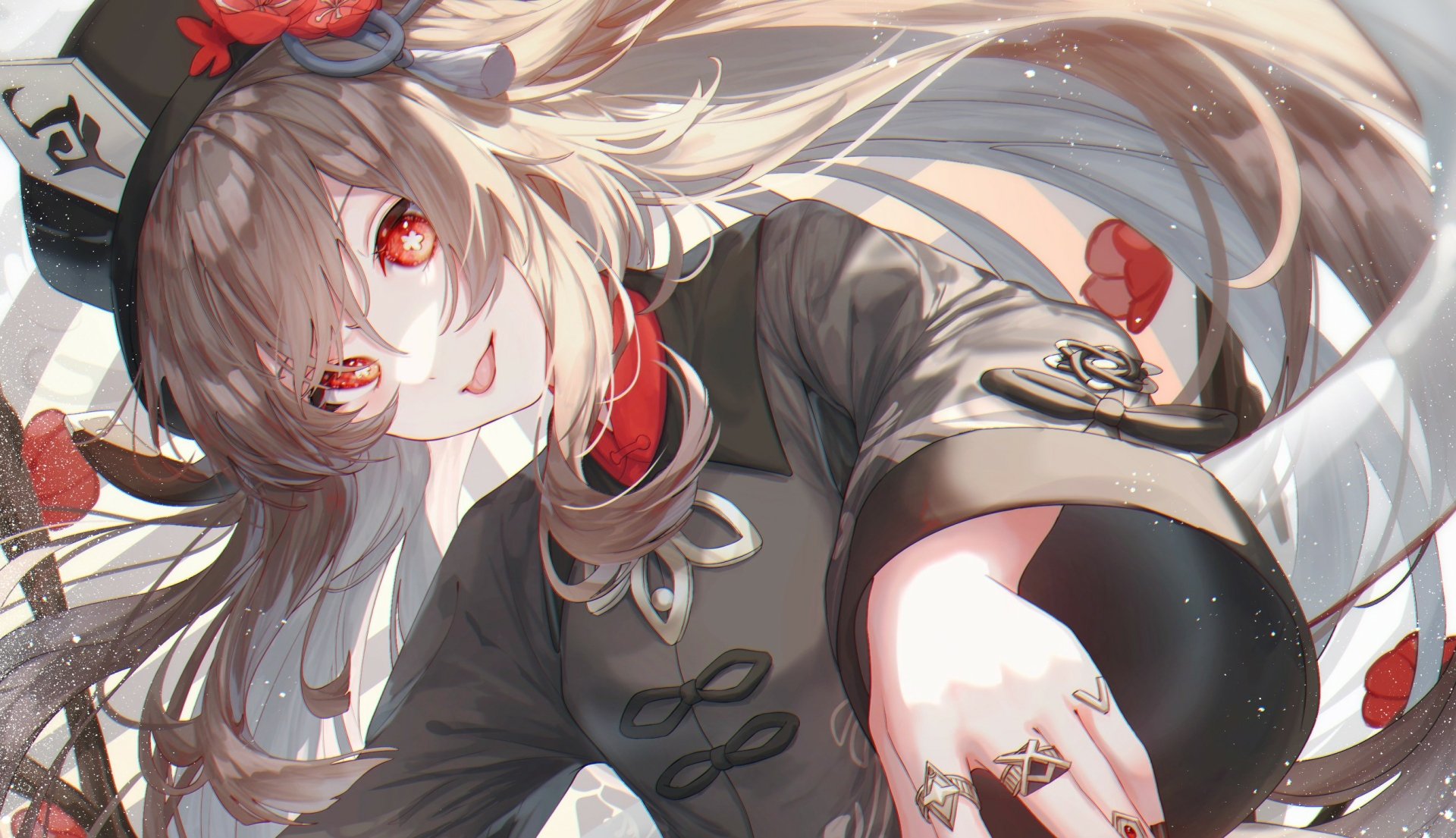 Hu Tao (video game Genshin Impact) reclining and smiling amid falling red petals; detailed 2K Quad HD PC desktop wallpaper background with flowing hair and pyro outfit.