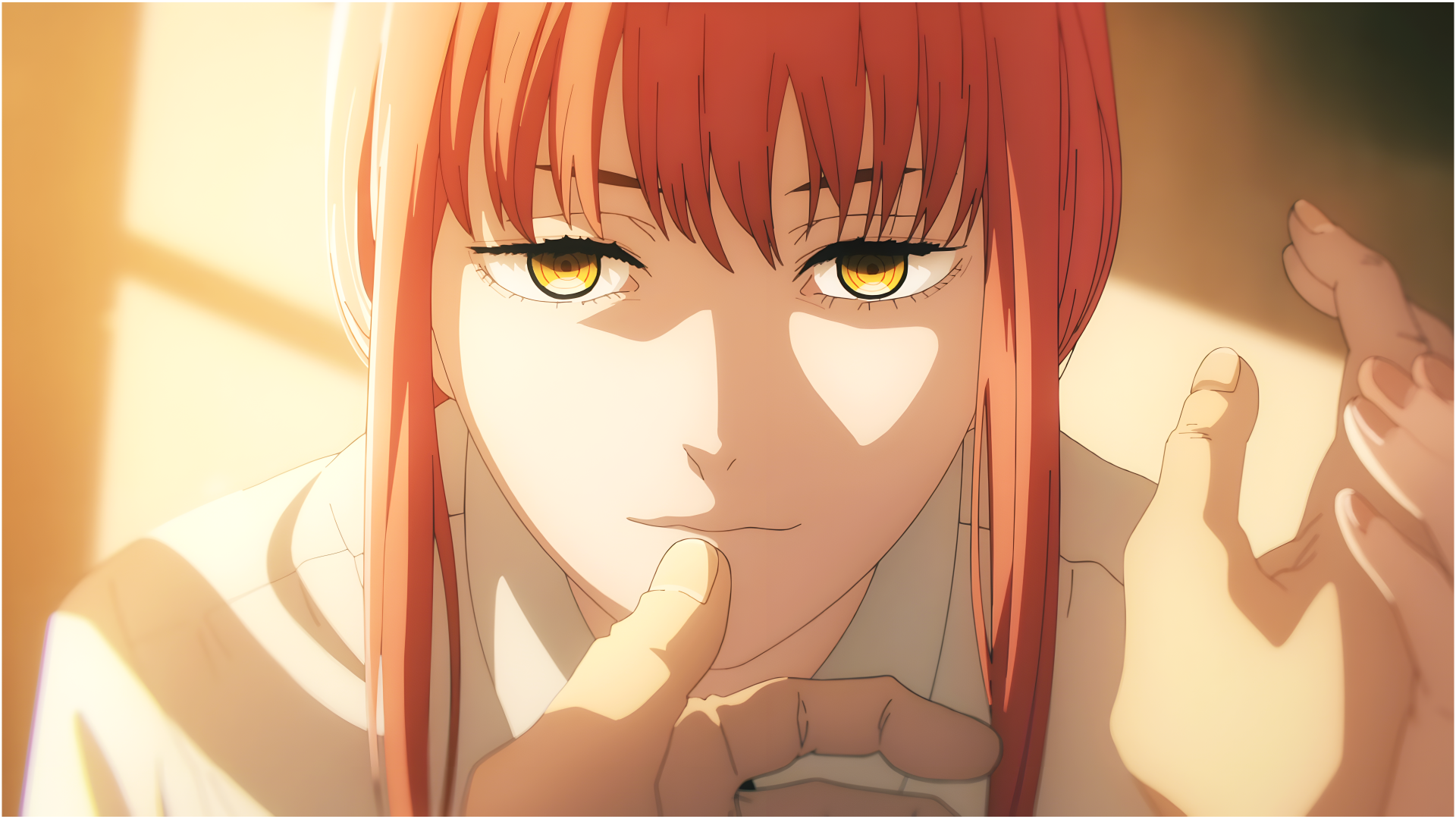 Makima from Chainsaw Man anime, depicted in detailed 8K Ultra HD, with striking amber eyes and red hair, set against a warm, softly lit background.