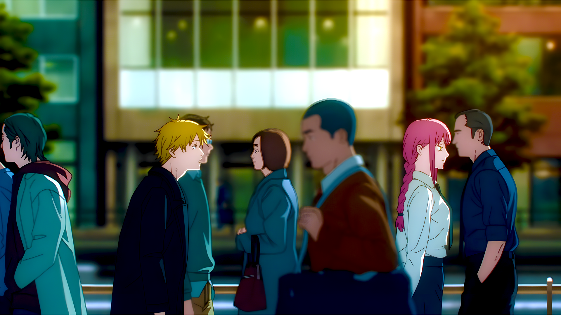 8K Ultra HD anime desktop wallpaper featuring Makima and Denji from Chainsaw Man standing face-to-face in a busy city street scene.