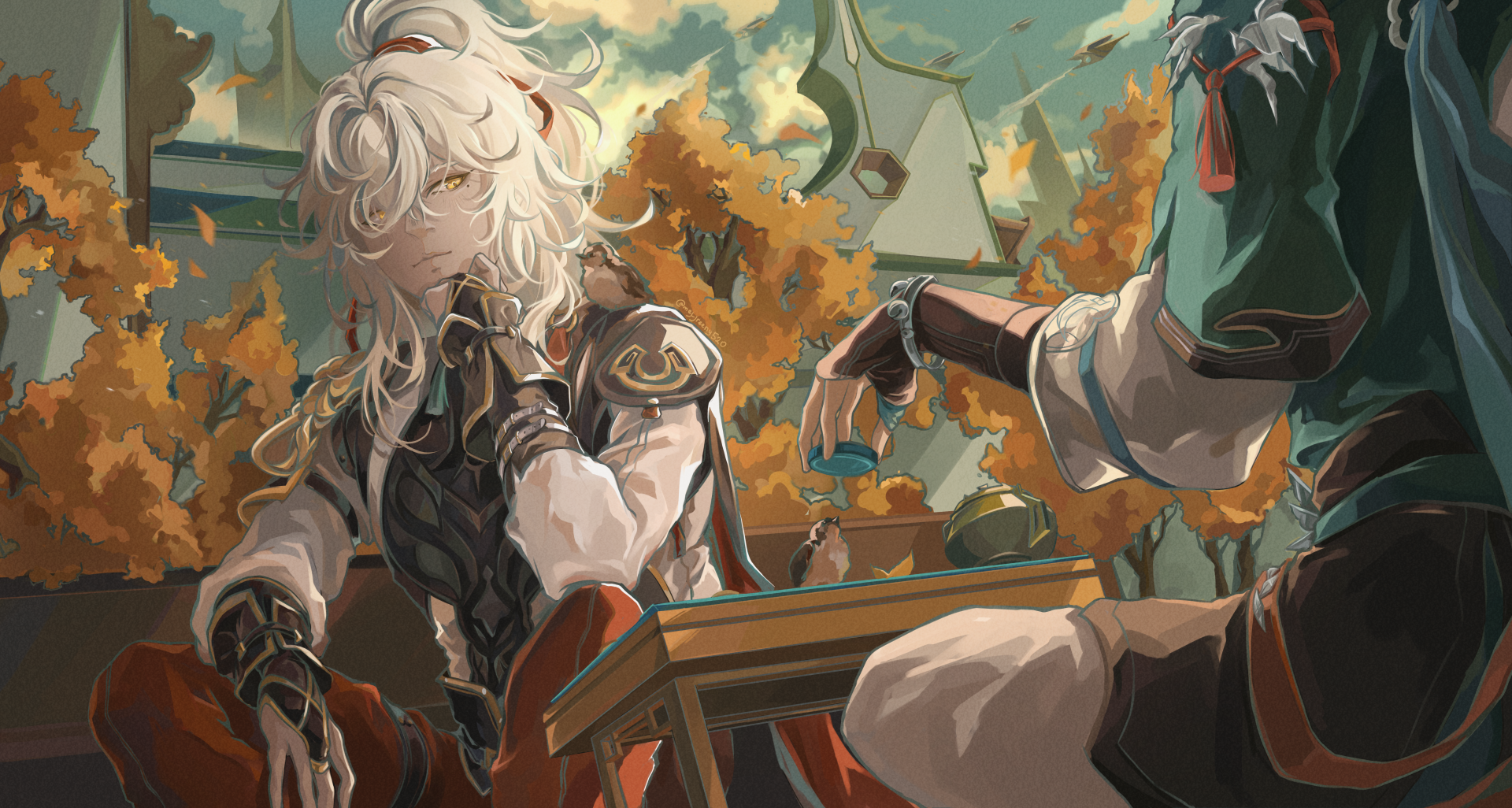 Jing Yuan from Honkai: Star Rail reclines at a table amid golden autumn leaves, ornate armor and a contemplative expression — 5K Ultra HD PC desktop wallpaper/background.