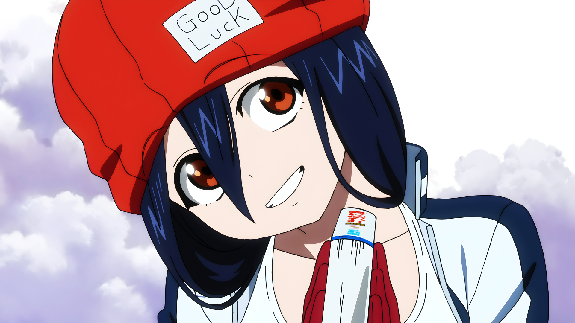 Anime-style character from Undead Unluck with dark hair and large eyes, wearing a red hat labeled Good Luck, in 8K Ultra HD PC desktop wallpaper quality.