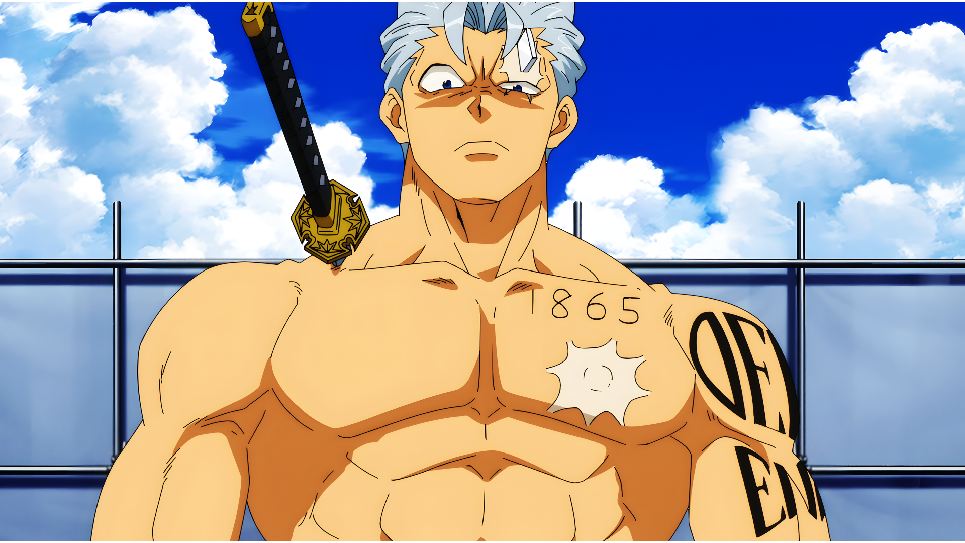 8K Ultra HD anime wallpaper featuring a muscular character with white hair and a sword from Undead Unluck, set against a bright blue sky with clouds.